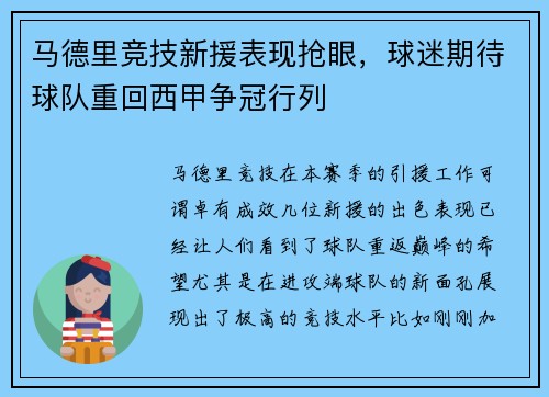 马德里竞技新援表现抢眼，球迷期待球队重回西甲争冠行列